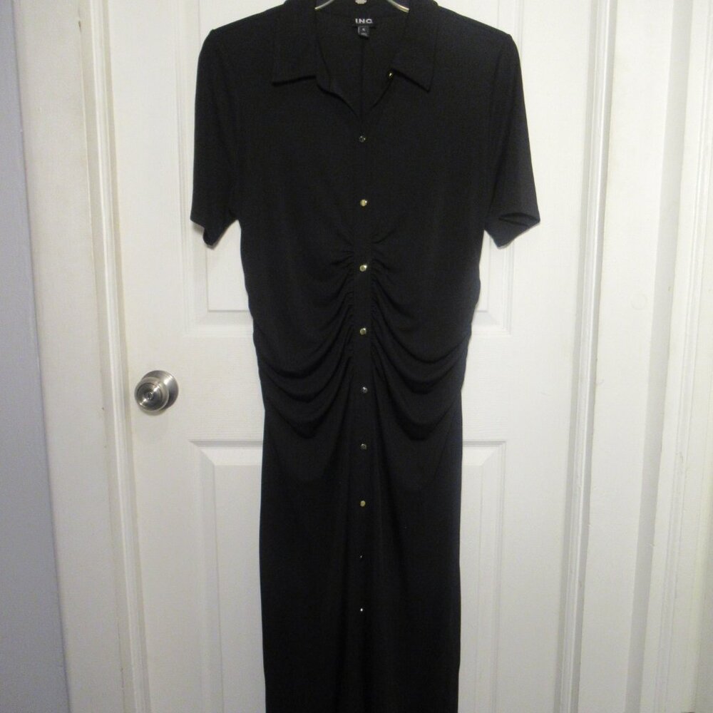 INC International Concepts Black Ruched Short Sleeve Buttons Long Shirt Dress XL